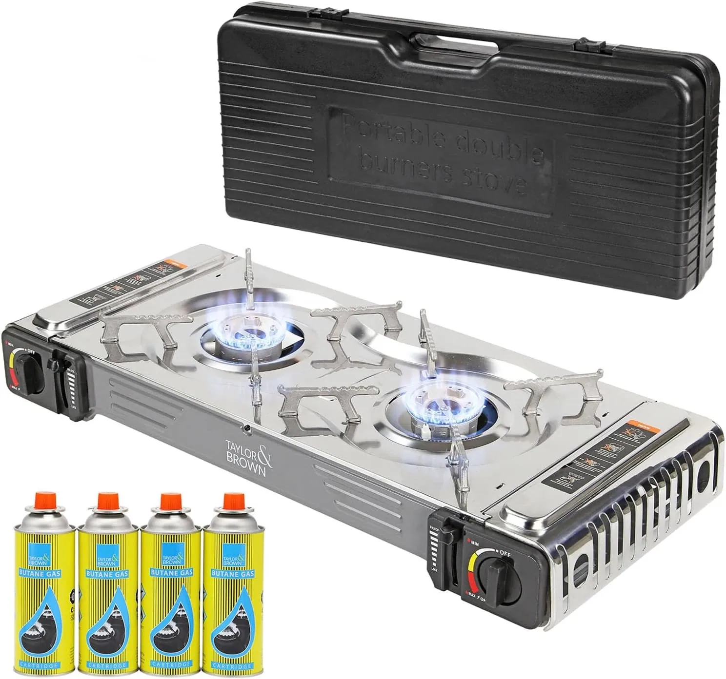 Taylor & Brown Portable Dual Burner Camping Stove + 4 Butane Canisters
